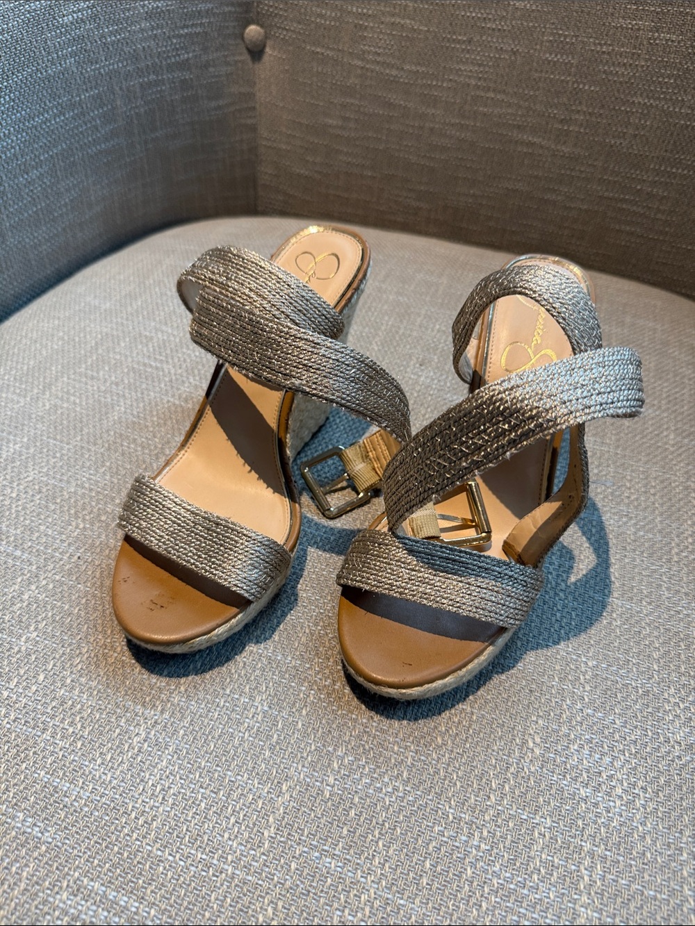 Jessica Simpson Metallic Gray Woven Strap Heels